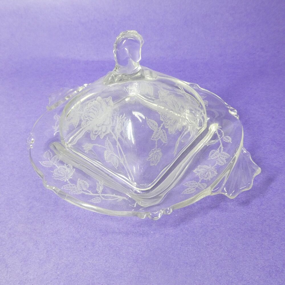 Heisey Rose Square Butter Dish With Lid - Clear Etched Glass Vintage